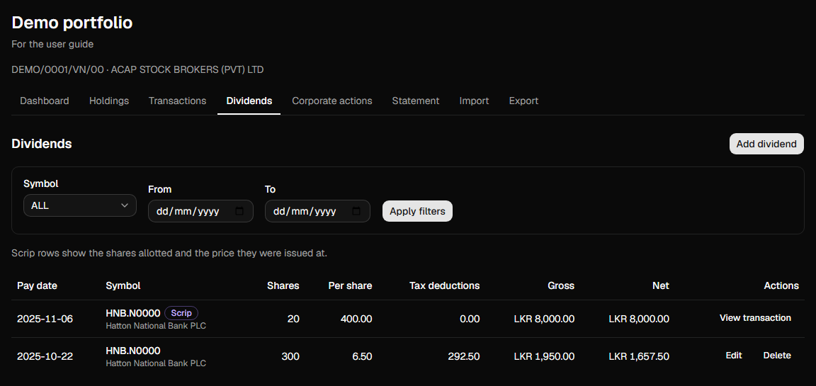 A cash dividend recorded with tax withheld.